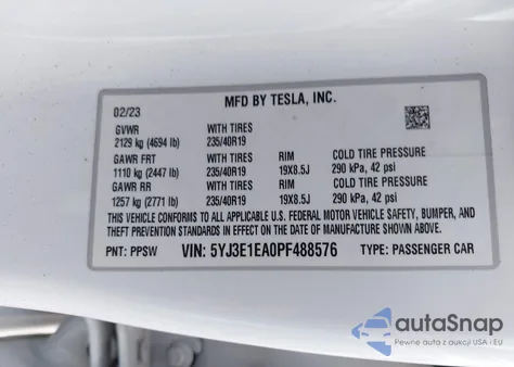 2023 Tesla Model 3 Rear-Wheel Drive from USA, damaged, VIN 5YJ3E1EA0PF488576